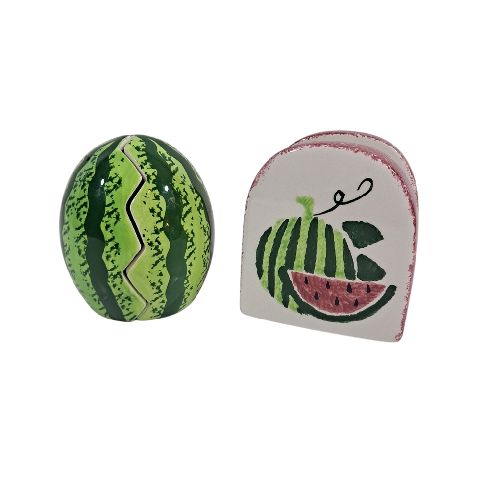 Watermelon Salt & Pepper Shakers And Spongeware Napkin Holder Ceramic